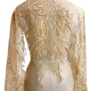 Gold Lace Embroidered Branch Leaves Bridal Gown Lace Fabric