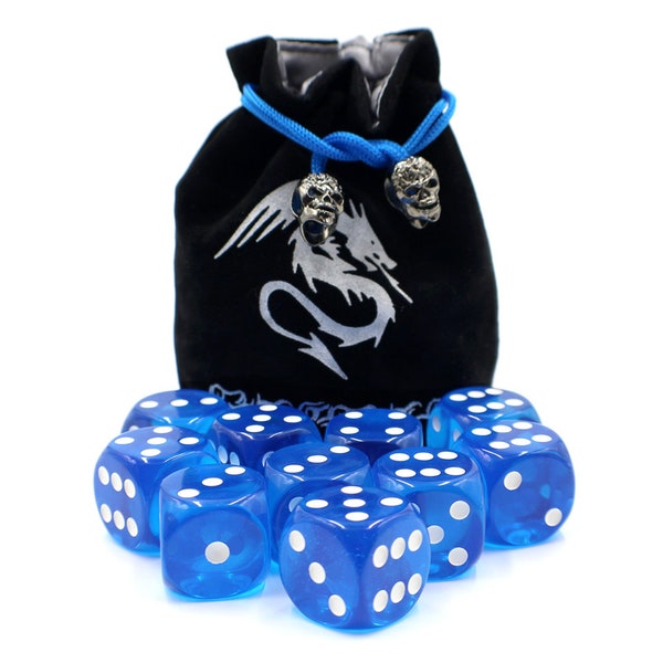 Big D6 Dice Set with Luxury Dice Bag - Transparent Blue (24mm)