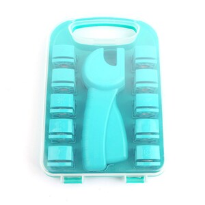 May include: A turquoise blue plastic case with a set of 10 turquoise blue punch tools. The case has a clear lid and the tools are arranged in rows. The tools are for punching out shapes from paper or cardstock.