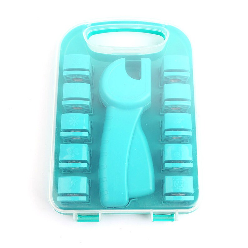 May include: A turquoise blue plastic case with a set of 10 turquoise blue punch tools. The case has a clear lid and the tools are arranged in rows. The tools are for punching out shapes from paper or cardstock.