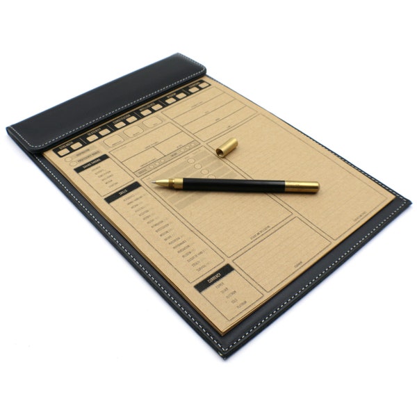 Wood and Brass Pen with Clipboard and Character Sheets for Roleplaying and D&D