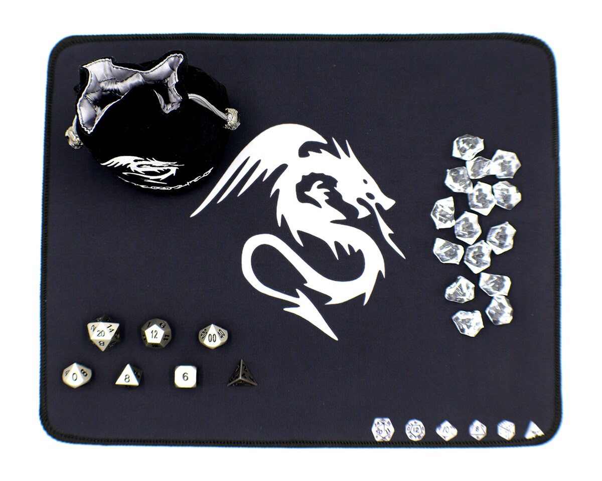 Satin Metal Dice Set with D&amp;D Play Mat Dice Bag and Counters | Etsy