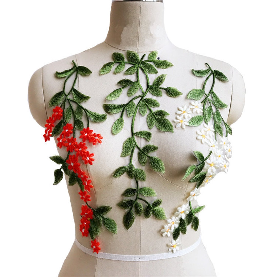 GORGECFAFT 2 Paire D'Appliques En Dentelle Florale De Feuilles Vertes Feuilles De Vigne Vertes Forêt Patchs Fleurs Bordure En Dentelle Brodée Marguerite Couture Artisanat