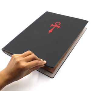 Può includere: Un diario rilegato in pelle nera con un simbolo Ankh rosso sulla copertina. Il diario è aperto e le pagine sono visibili.