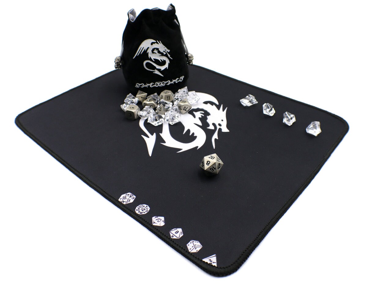 Satin Metal Dice Set with D&amp;D Play Mat Dice Bag and Counters | Etsy