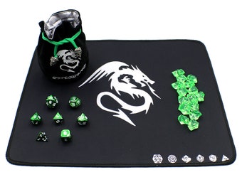 D&D Metal Dice Set with Play Mat, Dice Bag and Counters - Green