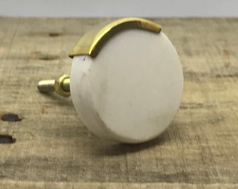 Stone Cabinet Knob, Round Drawer Pull, Dresser Knob, Marble White with Brass Accent