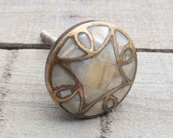 Antique Brass Mother Of Pearl Drawer Knob / Cupboard Cabinet Furniture Hardware Door Knob Pull - Handmade Vintage Style