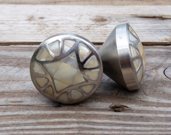 Mother Of Pearl Knob / Satin Nickel Drawer / Cupboard Cabinet Furniture Hardware Door Knob Pulls - Handmade Vintage Style