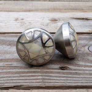 Mother Of Pearl Knobs / Satin Nickel Drawer / Cupboard Cabinet Furniture Hardware Door Knob Pulls - Handmade Vintage Style