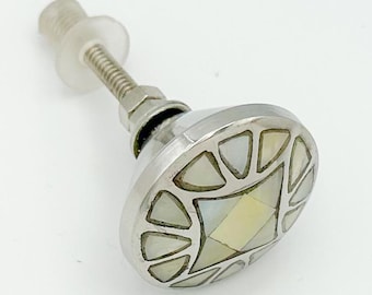 Dresser Knob, Drawer Pull, Unique Cabinet Knob, Mother of Pearl Shell Inlay With Silver Accent