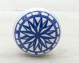 Nautical Compass Rose Ceramic Drawer Knob: Blue North Star