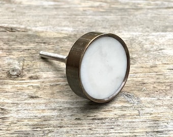 Knob Drawer Pull Cabinet Knob Stone Marble White with Oil Rubbed Bronze Accent, Round Handle Cabinet Door, Polished Smooth Natural