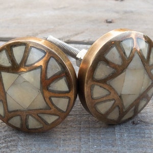 Mother Of Pearl Knobs / Champagne Bronze Antique Drawer / Cupboard Cabinet Furniture Hardware Door Knob Pulls - Handmade Vintage Style