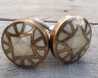 Mother Of Pearl Knob / Champagne Bronze Antique Drawer / Cupboard Cabinet Furniture Hardware Door Knob Pulls - Handmade Vintage Style