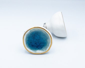 Ceramic Drawer Knob, Sea Glass Cabinet Pull Crackle Glazed, Dresser Knob, Door Hardware -  nautical theme deep blue