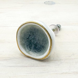 Crackle Glazed Ceramic Drawer Knob: Nautical Storm Grey & Gold