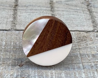 Cabinet Knob, Unique Modern Drawer Pull, Art Deco Geometric Dresser Knob - White Resin, Mother of Pearl Shell, Mango Wood Geo Fusion Decor