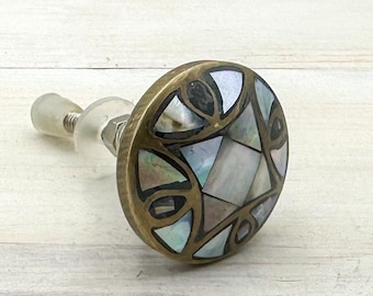 B Grade Mother Of Pearl Knob / Brass Antique With Ebony Shell / Cupboard Cabinet Furniture Hardware Door Knob Pulls - Handmade Vintage Style