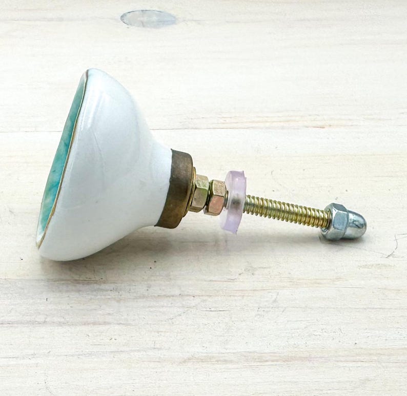May include: A ceramic cabinet knob with a smooth white dome-shaped front and a teal-colored edge. The hardware includes a brass-toned metal base, a threaded bolt, a translucent plastic washer, and a silver-toned metal nut at the end of the bolt.