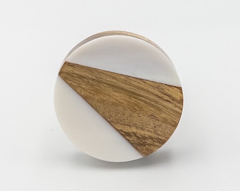 Unique Cabinet Knob, Modern Drawer Pull, Geometric Art Deco Dresser Knob, White Mother of Pearl Shell and Resin with Wood