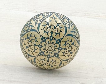 Brass Cabinet Knob, Drawer Pull, Dresser Knobs - Vintage Style Blue Aqua & Gold Etched Brass Knobs