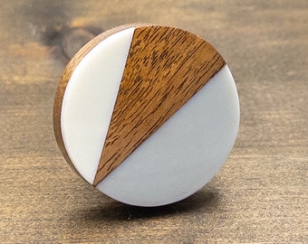 Unique Cabinet Knob, Modern Drawer Pull, Geometric Art Deco Dresser Knob, White and Light Grey Resin with Wood