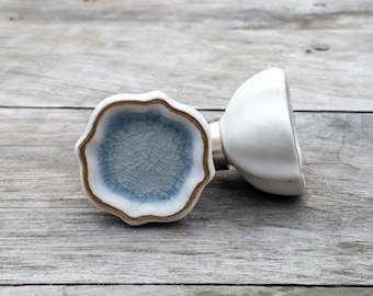 Ceramic Drawer Knob, Sea Glass Cabinet Pull Crackle Glazed, Dresser Knob, Door Hardware - pin cushion nautical theme blue grey