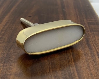 Stone Knob, Marble White with Brass Accent, Oval Drawer Handle Cabinet Door Pull, Granite Style Polished Smooth Natural