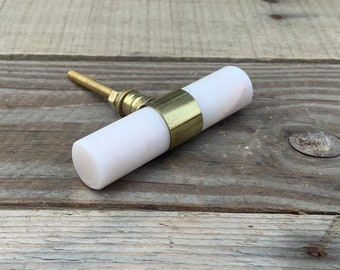 2nds Stone Handle, Marble White with Brass, Round Drawer Handle Cabinet Door Pull, Granite Style Polished Smooth Natural