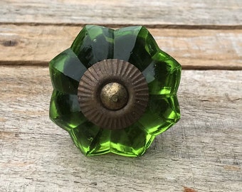 Green Dresser Knob, Drawer Pull , Cabinet Knobs Door Hardware, Vintage Antique Style Melon Glass