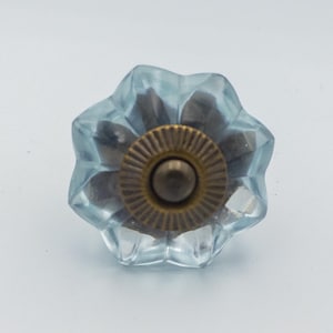 May include: A light blue glass cabinet knob with a starburst design and a brass centre.