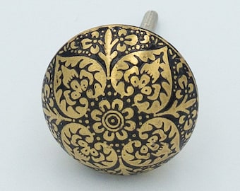 Brass Cabinet Knob, Drawer Pull, Gold and Black Dresser Knob, Moroccan Style Brass Etched Knobs