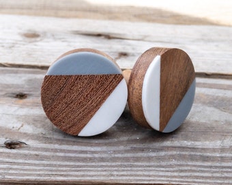 Unique Cabinet Knob, Modern Drawer Pull, Geometric Art Deco Dresser Knob, White and Grey Resin with Wood