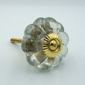 以下が含まれることがあります： 金色の金属製のセンターを持つ透明なガラス製のキャビネットノブ。ガラスは、テクスチャがあり、泡のような外観をしています。