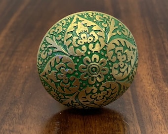 Brass Cabinet Knob, Drawer Pull, Dresser Knobs - Vintage Style Green & Gold Etched Brass Knobs