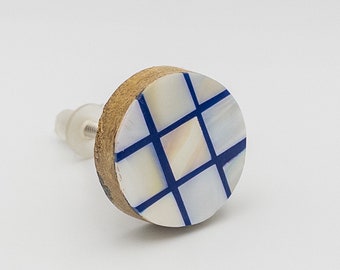 Natural Shell and Wood Drawer Knob Modern Drawer Pull / tic-tac-toe dresser handle with mother of pearl shell and blue accent.