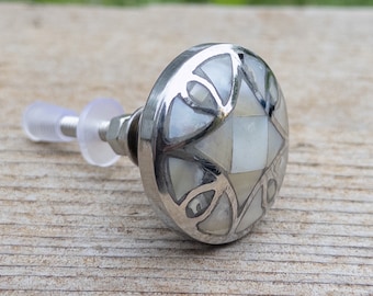 Unique Cabinet Knob, Dresser Drawer Pull - Vintage Style Mother of Pearl Knobs With Silver Base