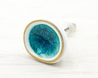 Sea Glass Ceramic Drawer Knob, Crackle Glazed Cabinet Pull