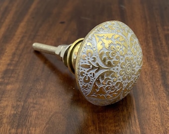Cabinet Knob Drawer Pull,  Vintage Antique Style Dresser Knob, Brass Knob, Gold & White