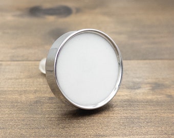 Knob Drawer Pull Cabinet Knob Stone Marble White with Silver Accent, Round Handle Cabinet Door, Polished Smooth Natural