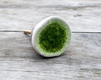 Ceramic Drawer Knob, Sea Glass Cabinet Pull Crackle Glazed, Dresser Knob, Door Hardware -  nautical theme olive green