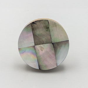 May include: A round, white and grey, mother of pearl, decorative knob with a chequered pattern.