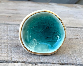 Ceramic Drawer Knob, Sea Glass Cabinet Pull Crackle Glazed, Dresser Knob, Door Hardware -  nautical theme teal marine