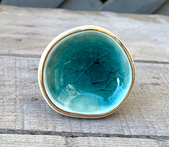 Ceramic Drawer Knob, Sea Glass Cabinet Pull Crackle Glazed, Dresser Knob, Door Hardware -  nautical theme teal marine