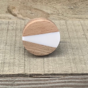 Unique Cabinet Knob Modern Drawer Pull / Geometric White Resin Wedge Light Wood Geo Fusion Round Door Dresser Handle