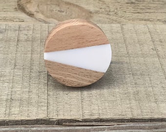 Unique Cabinet Knob Modern Drawer Pull / Geometric White Resin Wedge Light Wood Geo Fusion Round Door Dresser Handle