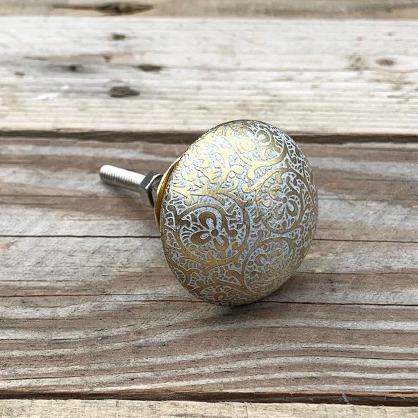 Brass Dresser Knob, Drawer Knob, White / Gold Flower and Vine Etched Cabinet Knob Door Pull