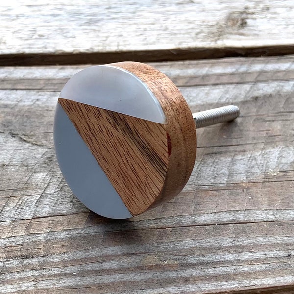 Unique Cabinet Knob, Modern Drawer Pull, Geometric Art Deco Dresser Knob, Grey Resin, Mother of Pearl Shell and Mango Wood