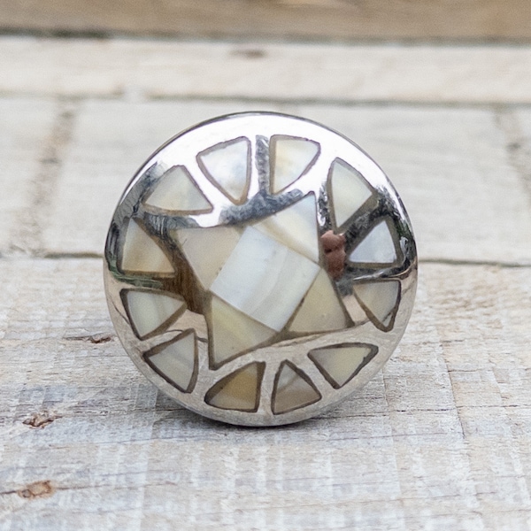 Dresser Knob, Drawer Pull, Unique Cabinet Knob, Mother of Pearl Shell Inlay With Silver Accent